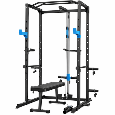 Power Cage Multi-Functional J-Hooks, Dip Handles, Landmine, Cable Pulley for Home Gym