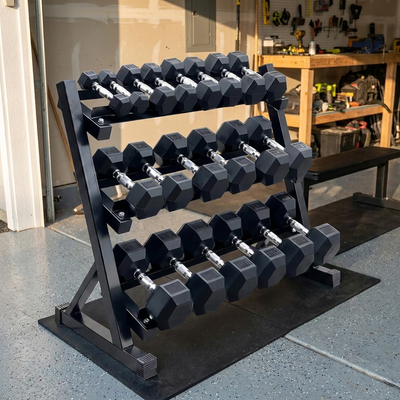 Rubber Hex Dumbbell Set with 3-Tier Rack — 450 lb, 9 Pairs 5-45 lb