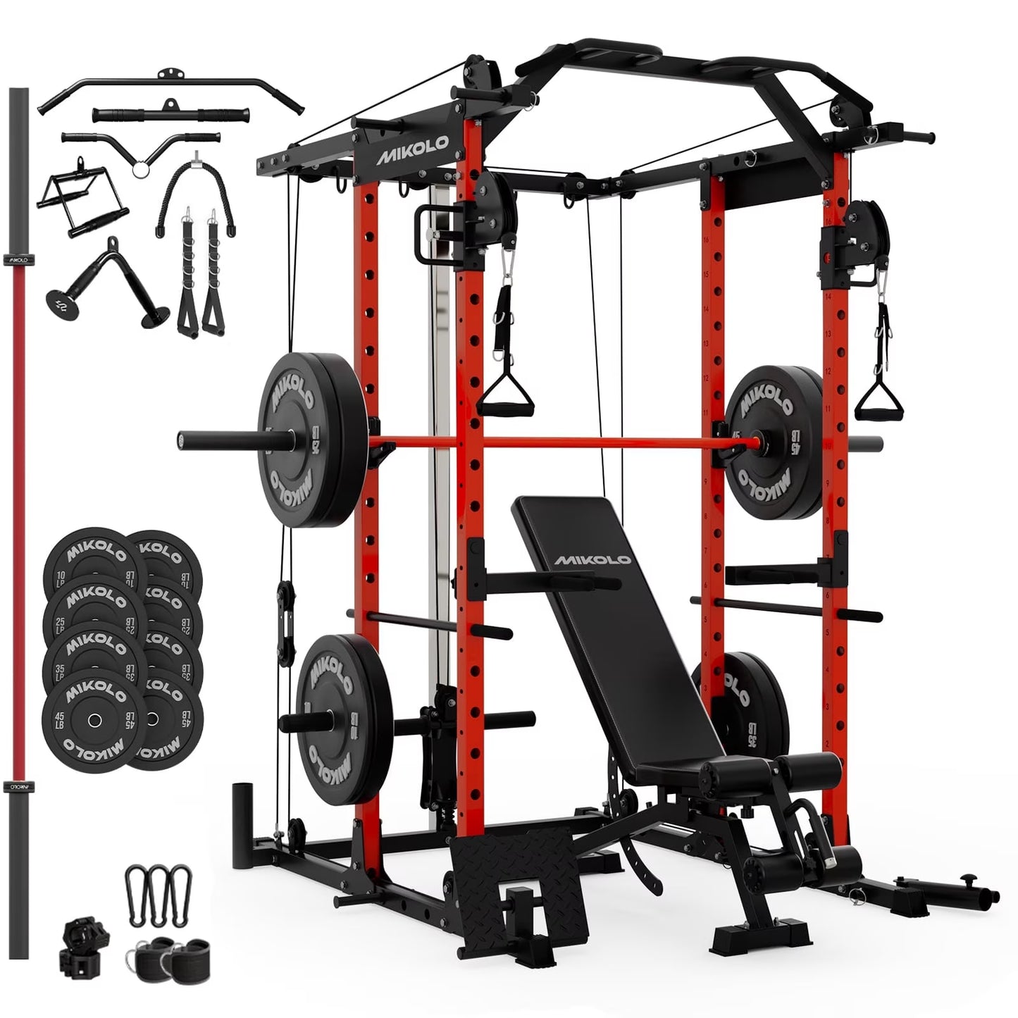 Power Rack Cage, 1500LBS Weight Cage with 800LB Capacity Adjustable Weight Bench, 1500LB Capacity Barbell and 230LB Weight Plate Set Red