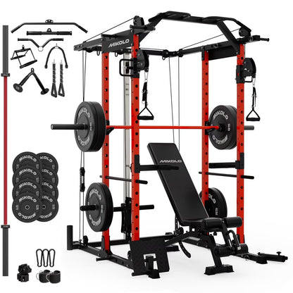 Power Rack Cage, 1500LBS Weight Cage with 800LB Capacity Adjustable Weight Bench, 1500LB Capacity Barbell and 230LB Weight Plate Set Red