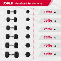 350 Lbs Hex Dumbbell Set with Storage Rack - 5-50 Lb Rubber Coated Adjustable Weights for Home Gym Strength Training - Men/Women