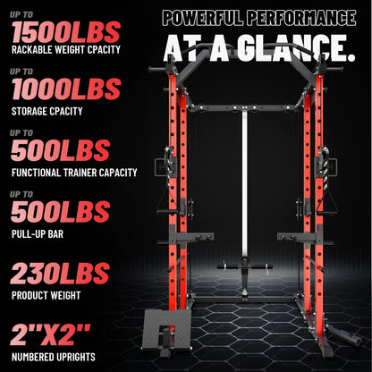 Power Rack Cage, 1500LBS Weight Cage with 800LB Capacity Adjustable Weight Bench, 1500LB Capacity Barbell and 230LB Weight Plate Set Red