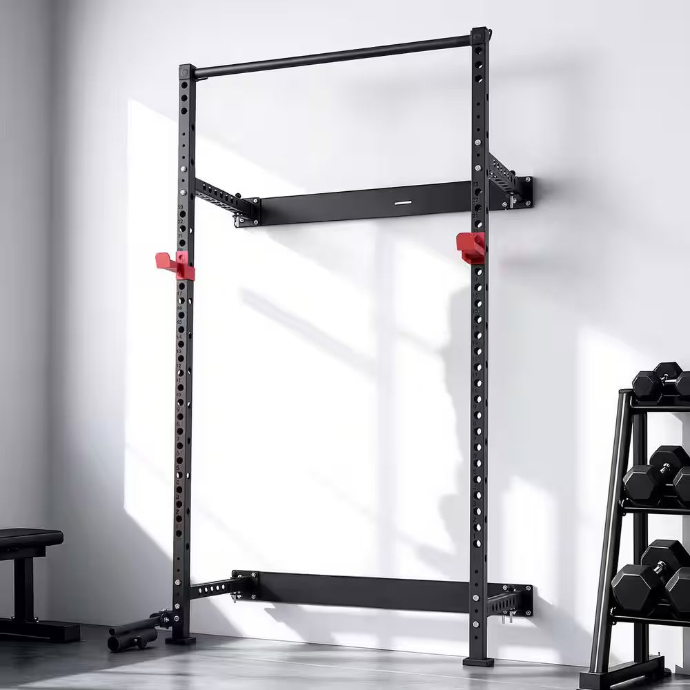 Folding Power Cage, Wall-Mounted Power Rack Squat Rack, Multifunctional Strength Training Workout Equipment 1000 Lbs.