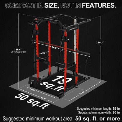 Power Rack Cage, 1500LBS Weight Cage with 800LB Capacity Adjustable Weight Bench, 1500LB Capacity Barbell and 230LB Weight Plate Set Red