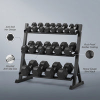 350 Lbs Hex Dumbbell Set with Storage Rack - 5-50 Lb Rubber Coated Adjustable Weights for Home Gym Strength Training - Men/Women — Feature Infographic