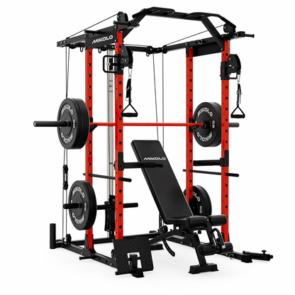 Power Rack Cage, 1500LBS Weight Cage with 800LB Capacity Adjustable Weight Bench, 1500LB Capacity Barbell and 230LB Weight Plate Set Red