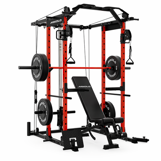 Power Rack Cage, 1500LBS Weight Cage with 800LB Capacity Adjustable Weight Bench, 1500LB Capacity Barbell and 230LB Weight Plate Set Red