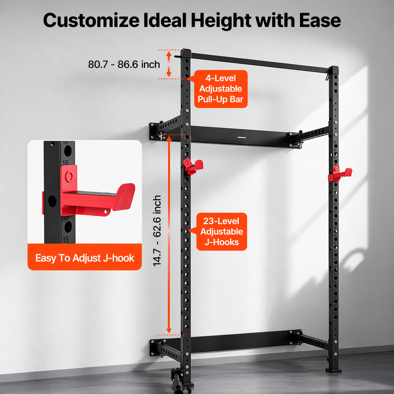 Folding Power Cage, Wall-Mounted Power Rack Squat Rack, Multifunctional Strength Training Workout Equipment 1000 Lbs.