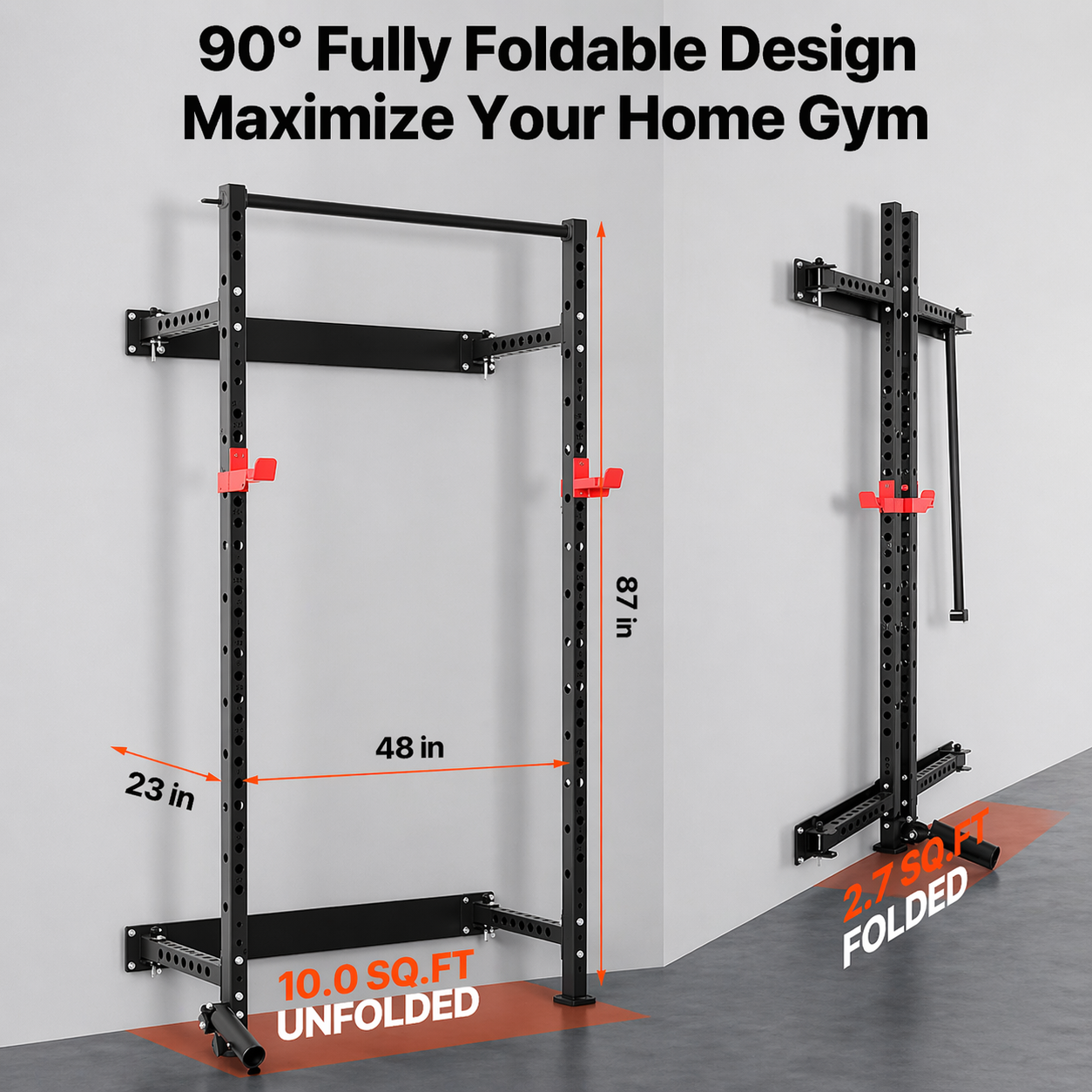 Folding Power Cage, Wall-Mounted Power Rack Squat Rack, Multifunctional Strength Training Workout Equipment 1000 Lbs.