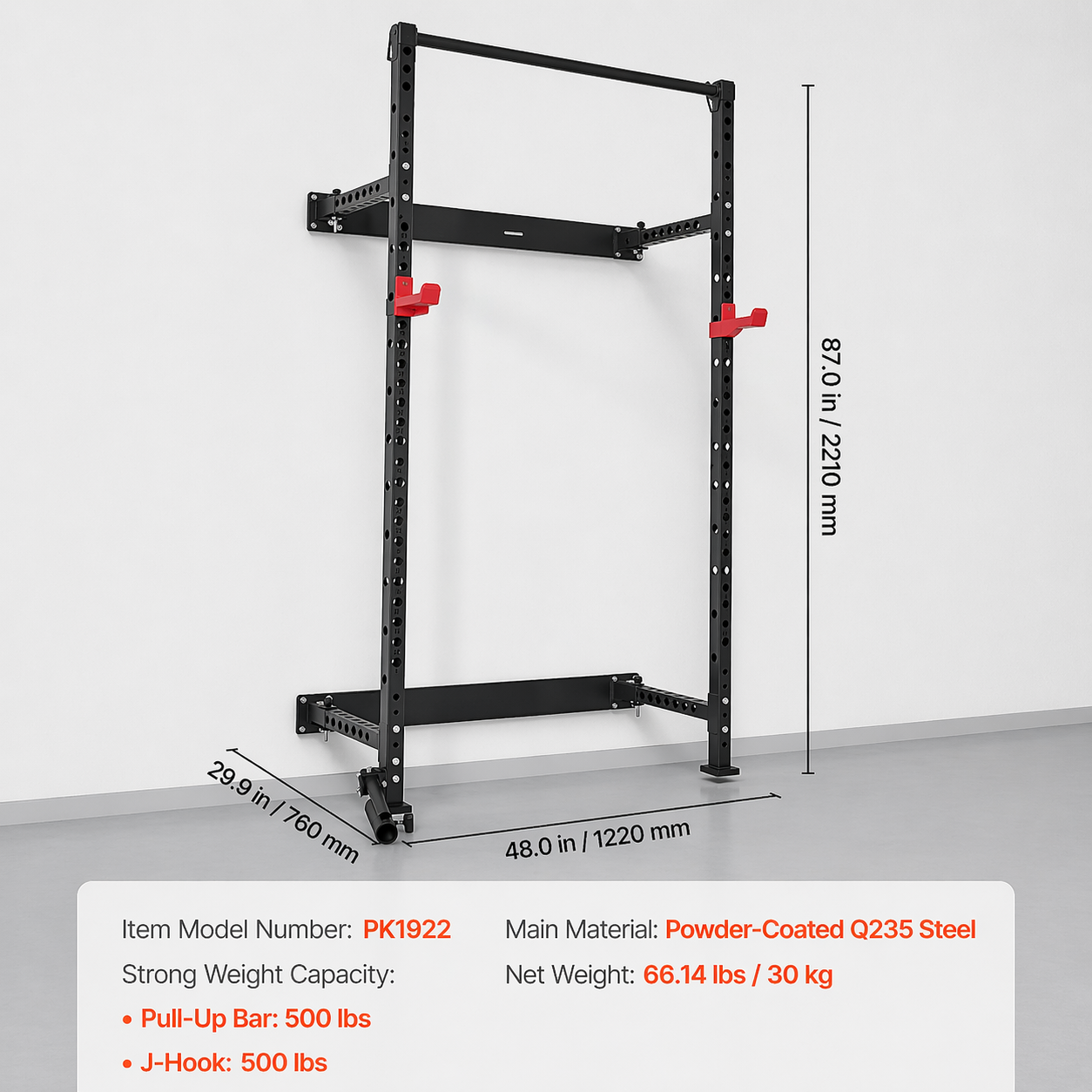 Folding Power Cage, Wall-Mounted Power Rack Squat Rack, Multifunctional Strength Training Workout Equipment 1000 Lbs.