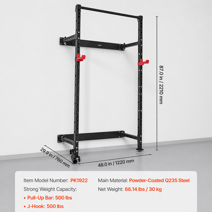 Folding Power Cage, Wall-Mounted Power Rack Squat Rack, Multifunctional Strength Training Workout Equipment 1000 Lbs.