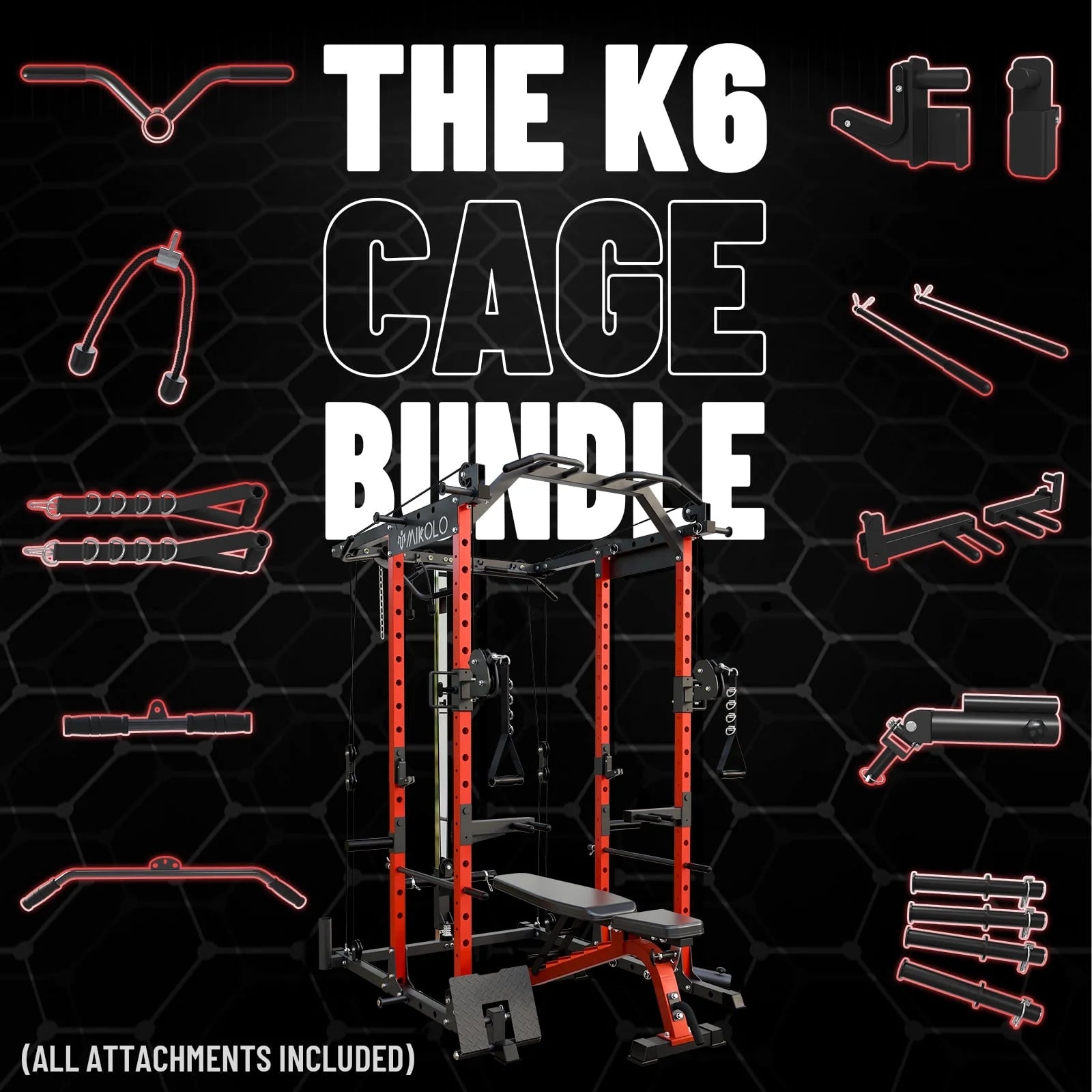 Power Rack Cage, 1500LBS Weight Cage with 800LB Capacity Adjustable Weight Bench, 1500LB Capacity Barbell and 230LB Weight Plate Set Red