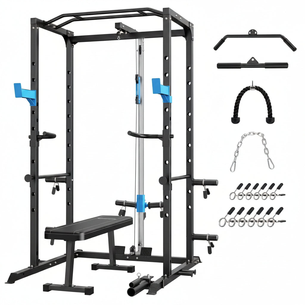 Power Cage Multi-Functional J-Hooks, Dip Handles, Landmine, Cable Pulley for Home Gym