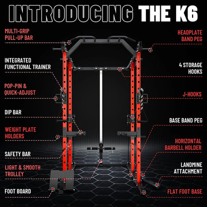Power Rack Cage, 1500LBS Weight Cage with 800LB Capacity Adjustable Weight Bench, 1500LB Capacity Barbell and 230LB Weight Plate Set Red