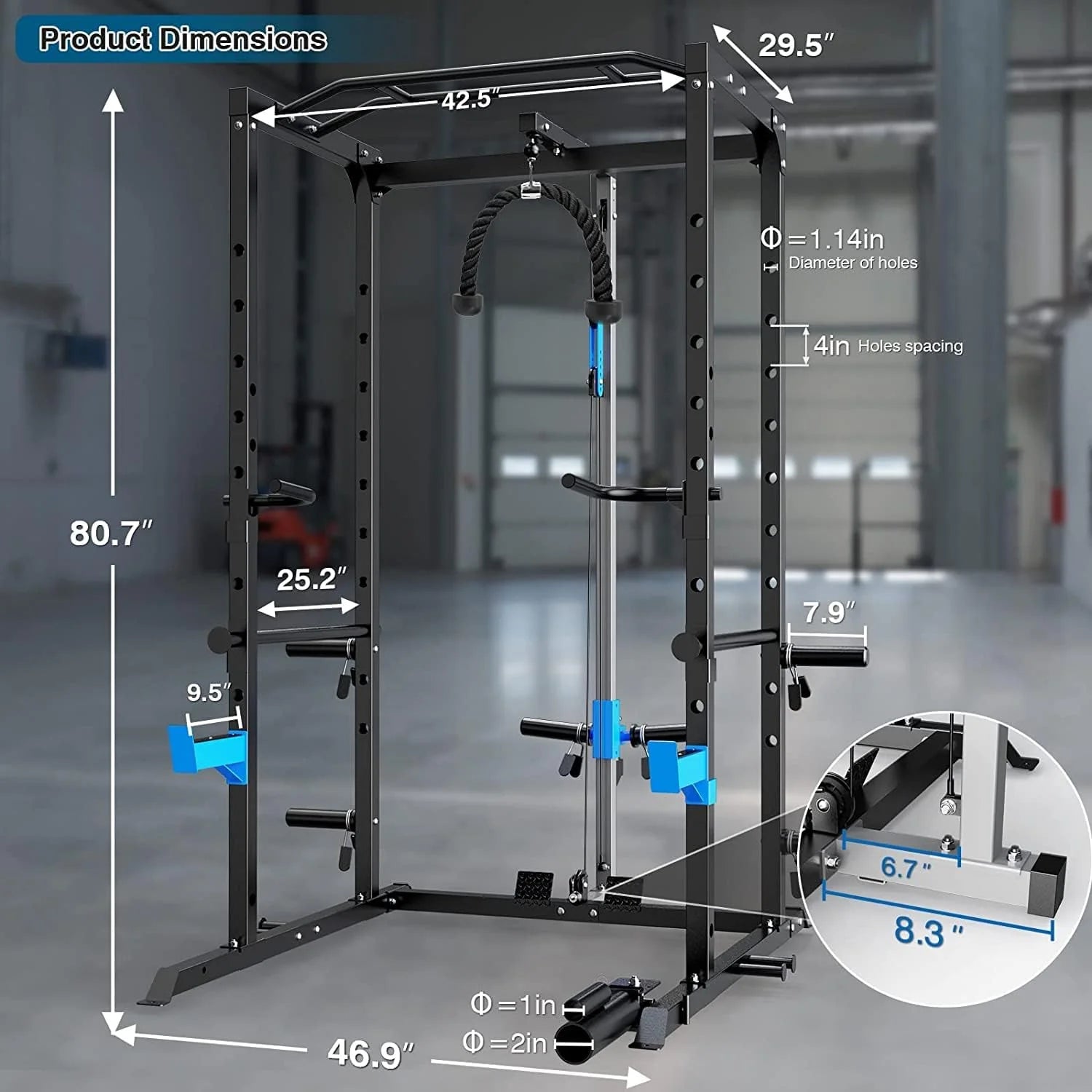 Power Cage Multi-Functional J-Hooks, Dip Handles, Landmine, Cable Pulley for Home Gym