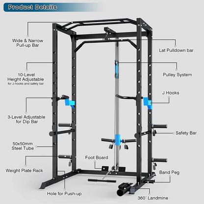 Power Cage Multi-Functional J-Hooks, Dip Handles, Landmine, Cable Pulley for Home Gym