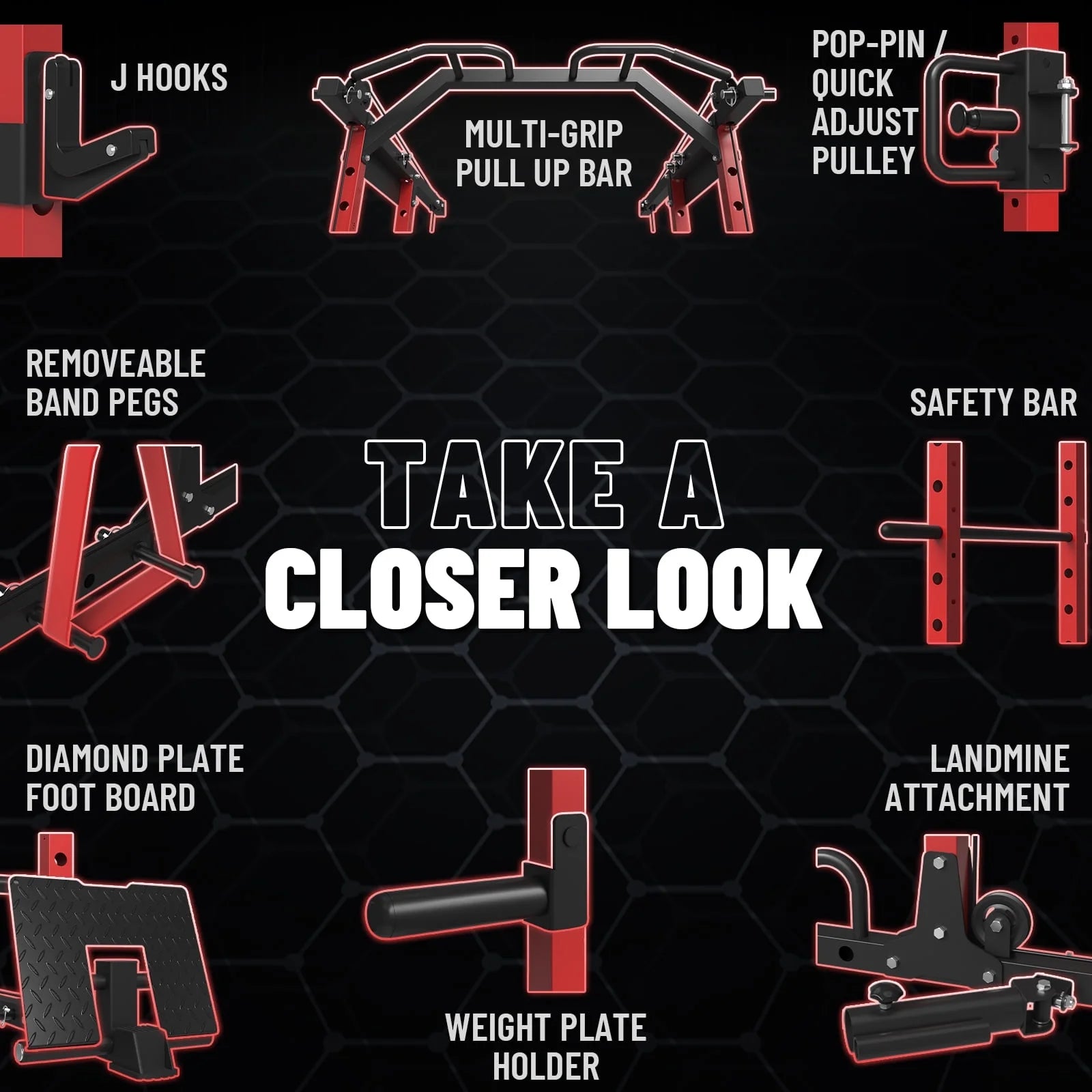 Power Rack Cage, 1500LBS Weight Cage with 800LB Capacity Adjustable Weight Bench, 1500LB Capacity Barbell and 230LB Weight Plate Set Red