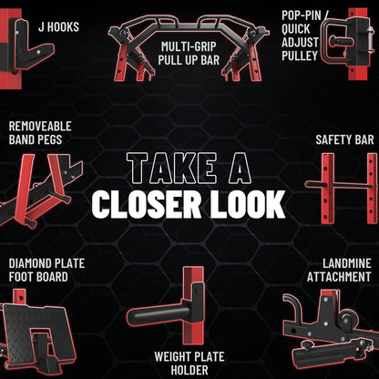 Power Rack Cage, 1500LBS Weight Cage with 800LB Capacity Adjustable Weight Bench, 1500LB Capacity Barbell and 230LB Weight Plate Set Red