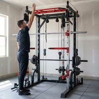 Adult standing beside the rack with an arm raised to the pull-up bar, showing the machine stands taller than their reach