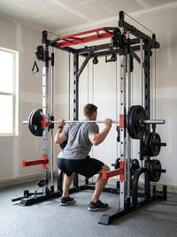 Lifter in the bottom of a squat with the loaded barbell on the Smith machine guide rails